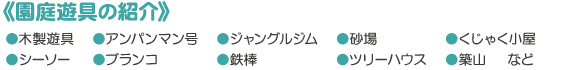 《園庭遊具の紹介》●木製遊具●シーソー●アンパンマン号●ブランコ●ジャングルジム●鉄棒●砂場●ツリーハウス●くじゃく小屋●築山など